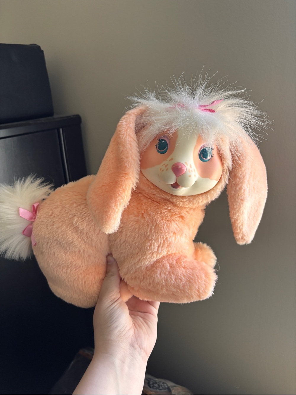 Plush Peach Bunny Pet Toy with White Fluffy Tail